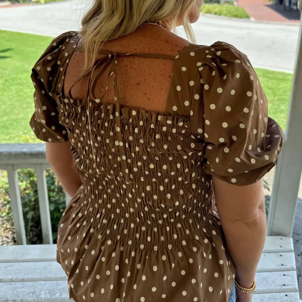 Brown Polka Dot Smocked Top - Picture 4 of 4
